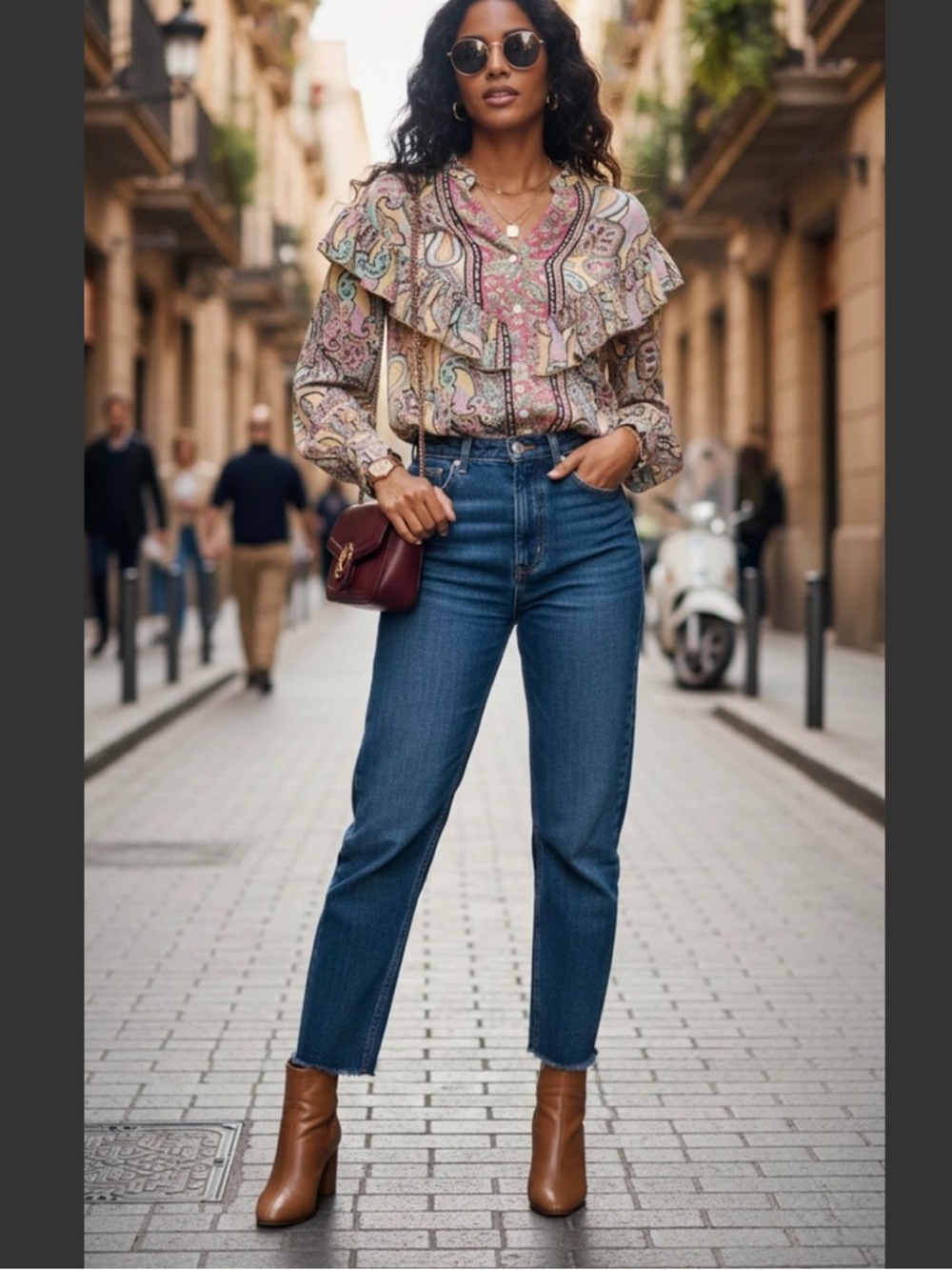 Paisley Ruffle V-Neck Blouse in Multicolor